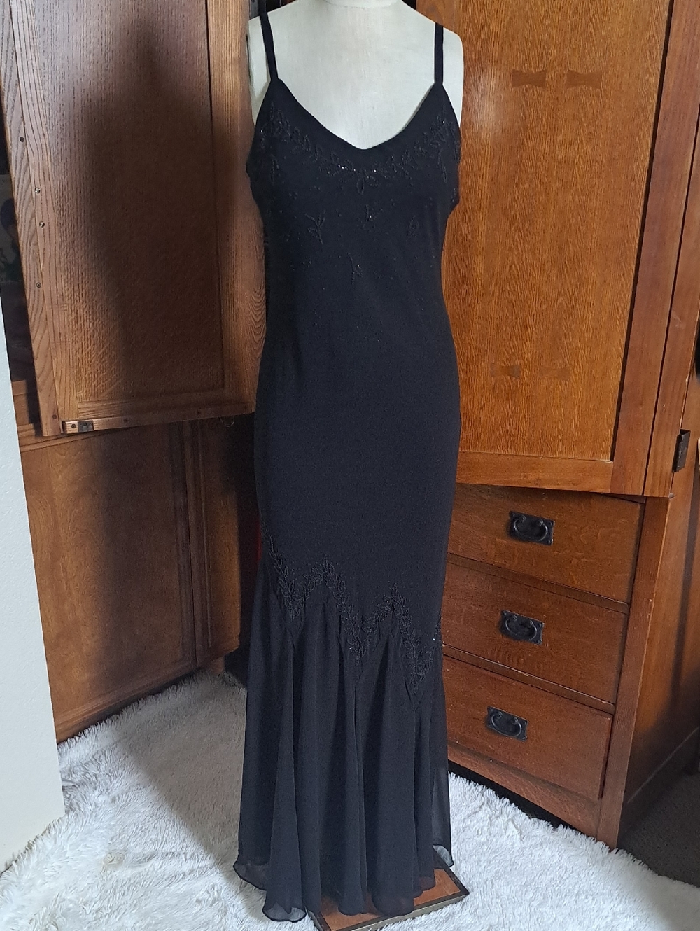 Vintage 90s Quidia Black Beaded Mesh Mermaid Gown Vtg 10 Measures Modern Small